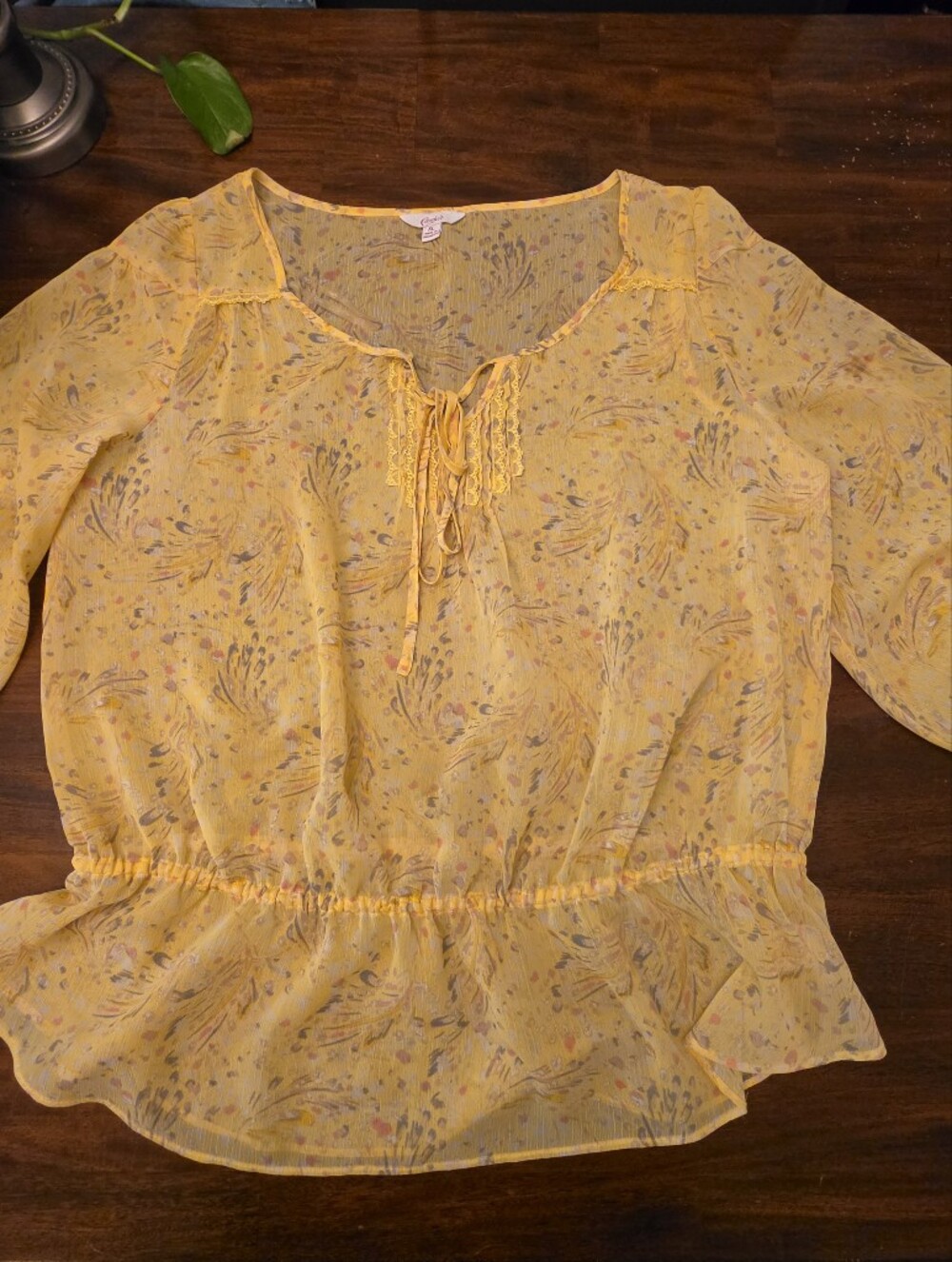 Candie’s Yellow Floral Chiffon Peplum Blouse Sheer Tie Neck Top XL